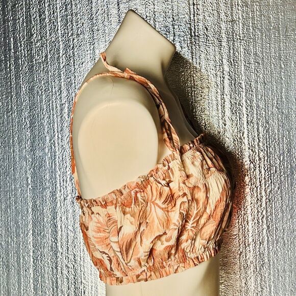 Forever 21 Womens Small Beige Print Crop Top Tie Strap Smocked Boho Coquette - Picture 5 of 12